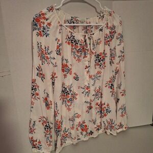 Lucky Brand Floral Peasant Blouse White Red Blue Boho Henley Top Large Patriotic